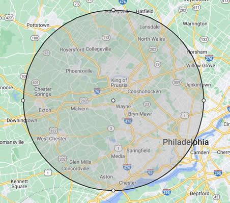 Bob's Stronghold Doors 50 mile service radius map from Chester County PA